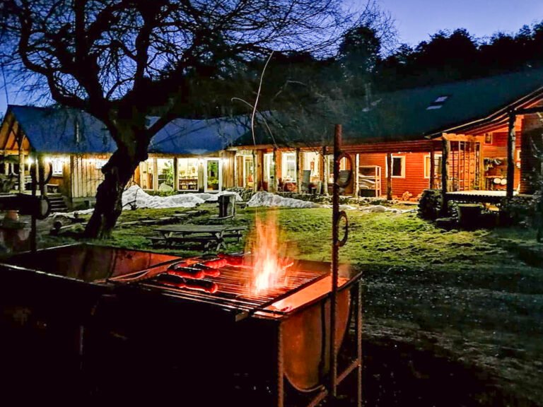Parrilla con cabaña al fondo